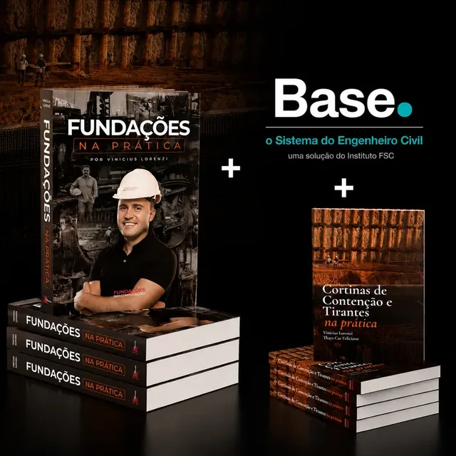 Os livros Fundações na Prática e Cortinas de Contenção e Tirantes mais acesso à plataforma Base